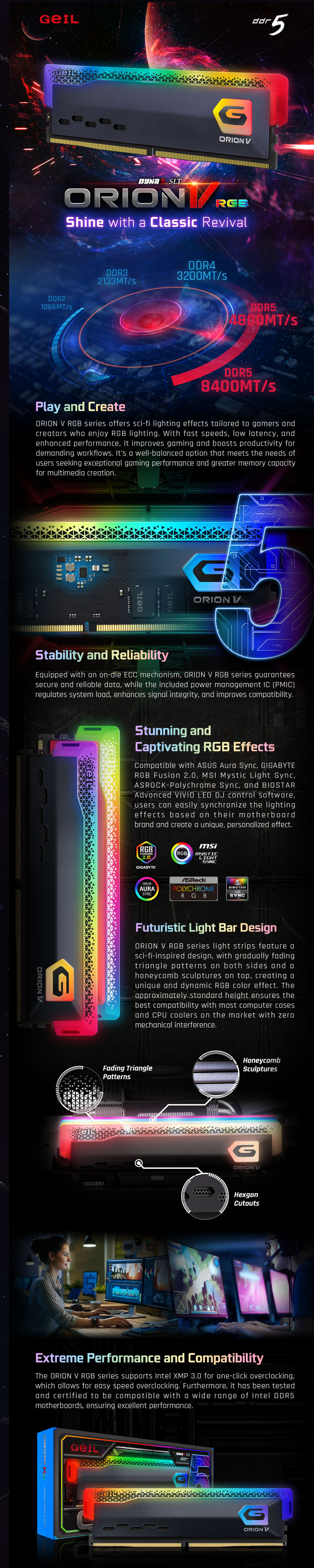 A large marketing image providing additional information about the product GeIL 32GB Kit (2x16GB) DDR5 Orion RGB C38 6000MHz - Black - Additional alt info not provided